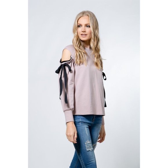 Boutique Tops - Women's Casual Cold Shoulder Pullover with Tie Details Super Cute Top Daily